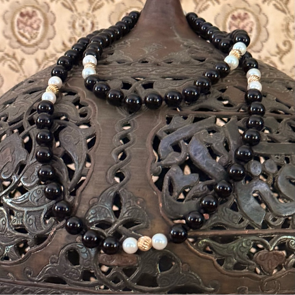 Vintage Estate 14k Yellow Gold Onyx & Pearl Beaded Necklace, 30”